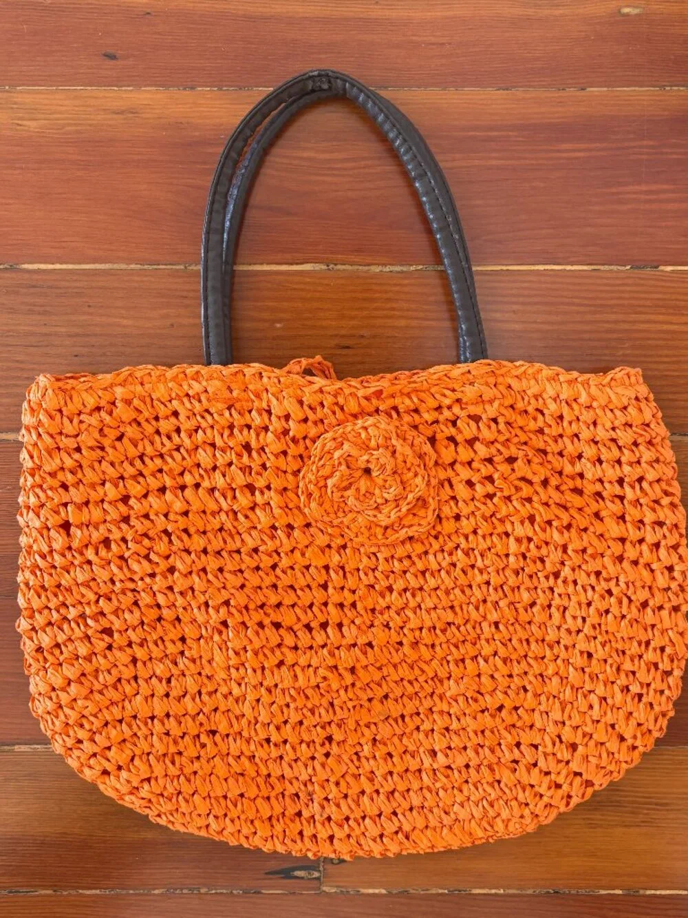 Neiman Marcus Vintage Orange Straw Rattan Flower Satchel Handbag